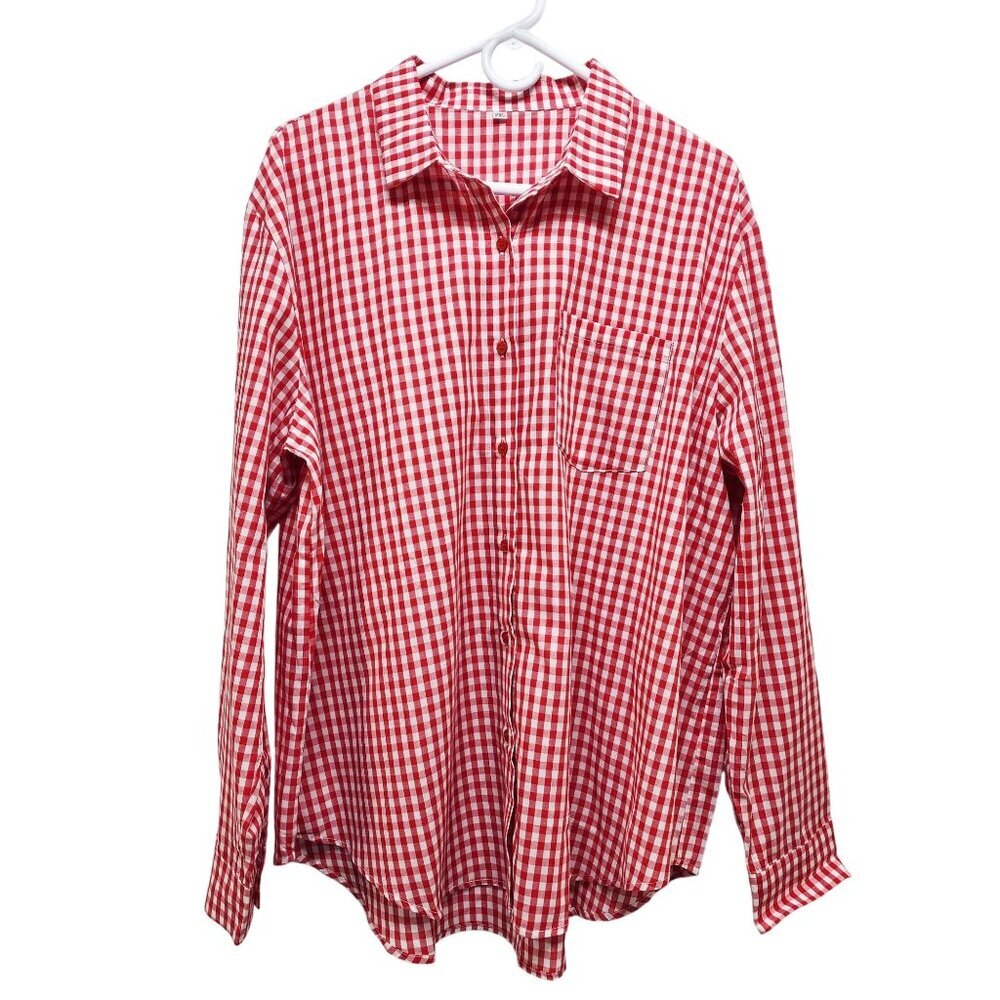 Red & White Mens Gingham Long Sleeve Button-Up Shirt Size 2XL